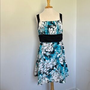 B.Smart Floral print Y2K Teal Blue Black & White Size 24 Sundress MIDI Dress